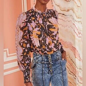 o.p.t. One Pretty Time Smocked Tie Peasant Blouse Large